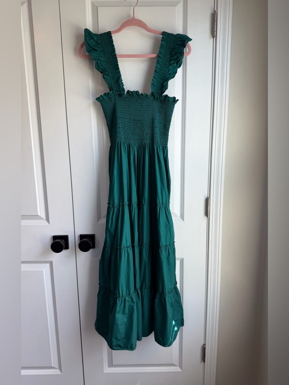 Quince Emerald Green Smocked Ruffle Strap Maxi Dress